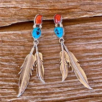 vintage style textured feather pendant stud earrings bohemia women inlaid ruby pine stone earrings gift jewelry dropshipping