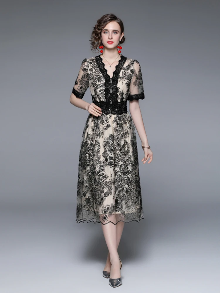 

2022 New Summer Light Luxury Mesh Lace Party Dress Embroidered Sequin Dress Waist Slim Temperament Dress Women E103