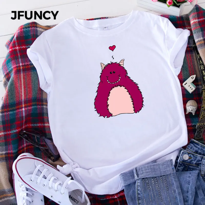 JFUNCY  Cute Little Monster Graphic Tee Tops Women Casual Summer Cotton T-Shirt O Neck Short Sleeve Female T Shirts