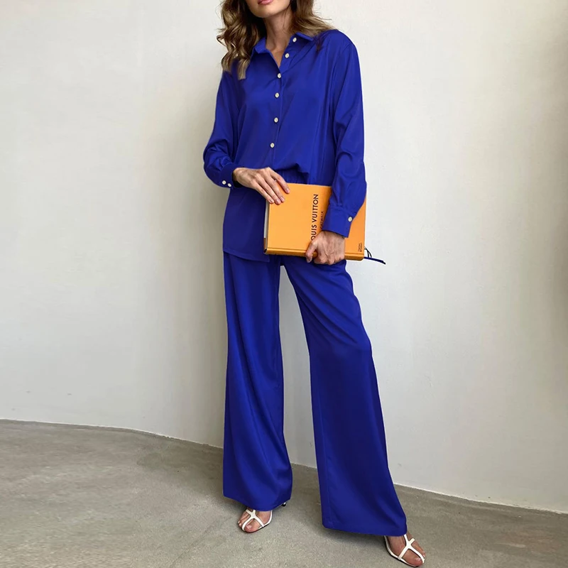 

Women Suit Wear Spring Long Sleeve Shirt 2 Piece Top And Drape Wide Leg Pants Women Sets Loose Casual Solid Ladies Trousers Set