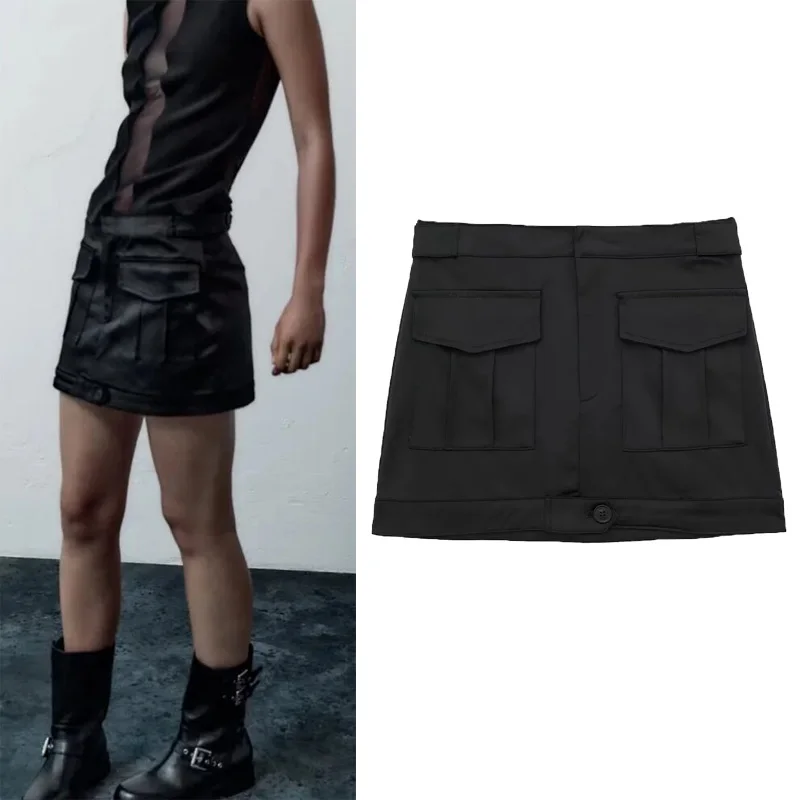 

Женская атласная мини-юбка с карманами, средней посадки