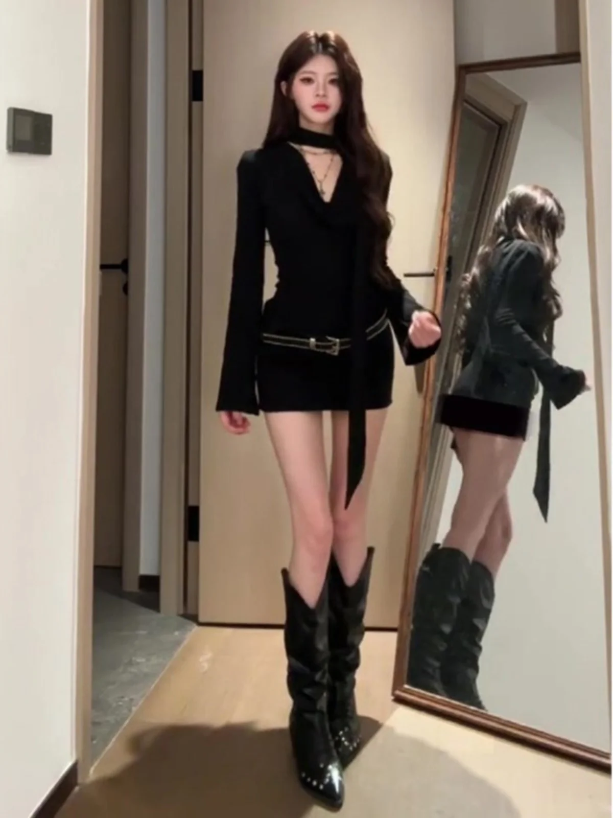 Цельное платье American Sle Gyaru с висячим вырезом и длинными рукавами. Женская одежда.