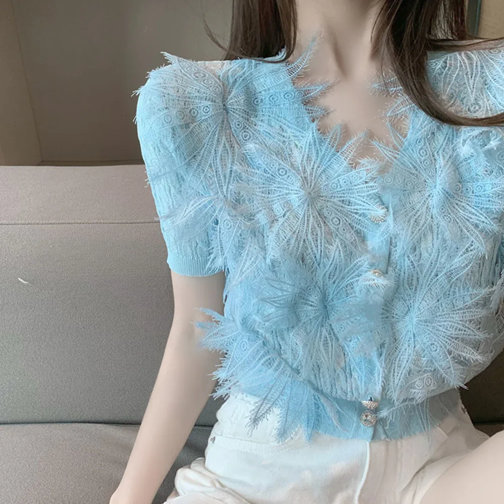 

Женский трикотажный кардиган с V-образным вырезом и коротким рукавом