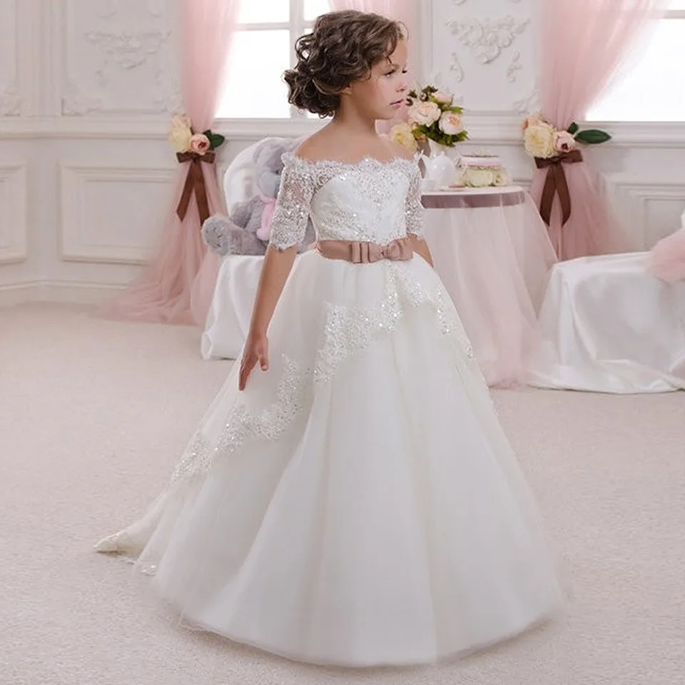 

Gorgeous Lace Wedding Flower Girl Dresses Appliques With Sash Infant Toddler Kids First Communion Dress Birthday Prom Party Gown