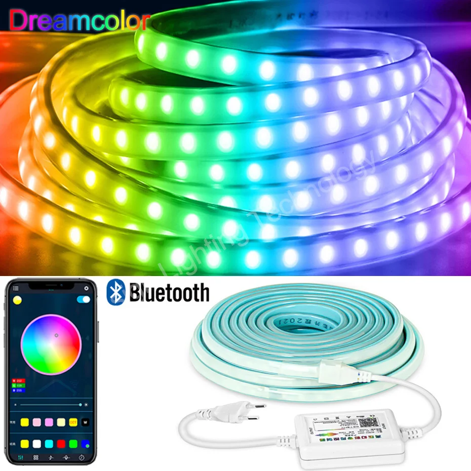 

Bluetooth Control 220V Waterproof LED Strip 5050 RGBIC Dreamcolor Rainbow Effect Flexible Led Tape Light 5M 20M 30M 50M Decor