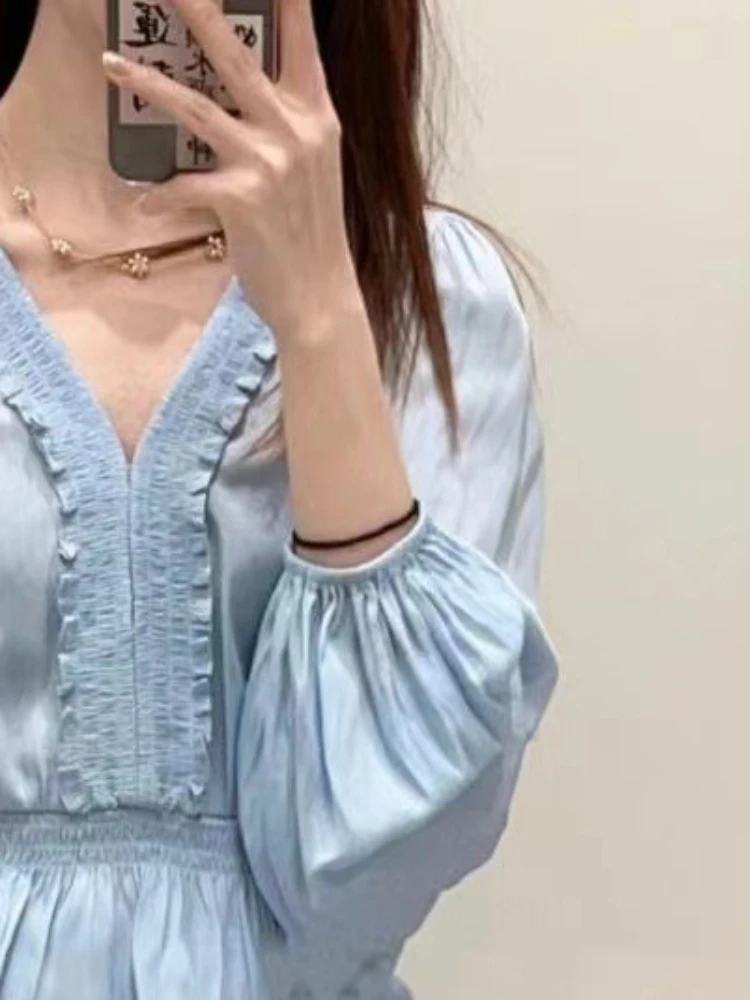 

Women Pleated Dress 2023 Early Spring New Vintage Temperament Commuter V-neck Slim High Waist Ruffled Mini Dresses Vestidos