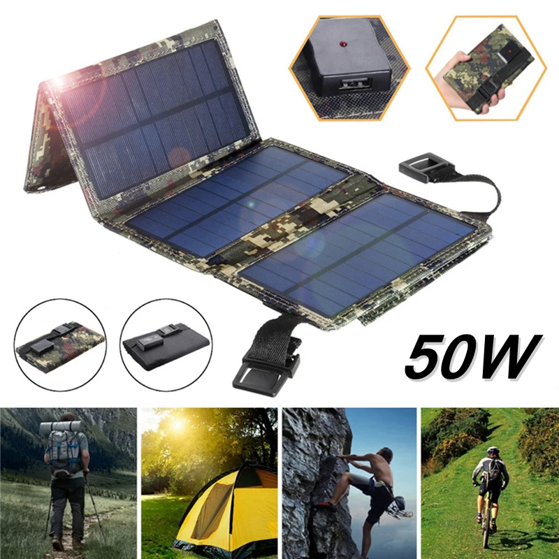 

50W Solar Charger Portable Outdoor Camping Foldable Eco-friendly USB A Cell Mobile Phone Chargers Emergency Mobile Power Battery