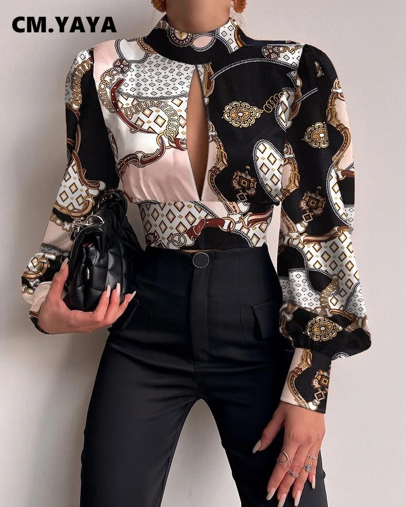 Женская блузка с длинным рукавом-фонариком воротником-стойкой и высокой талией |