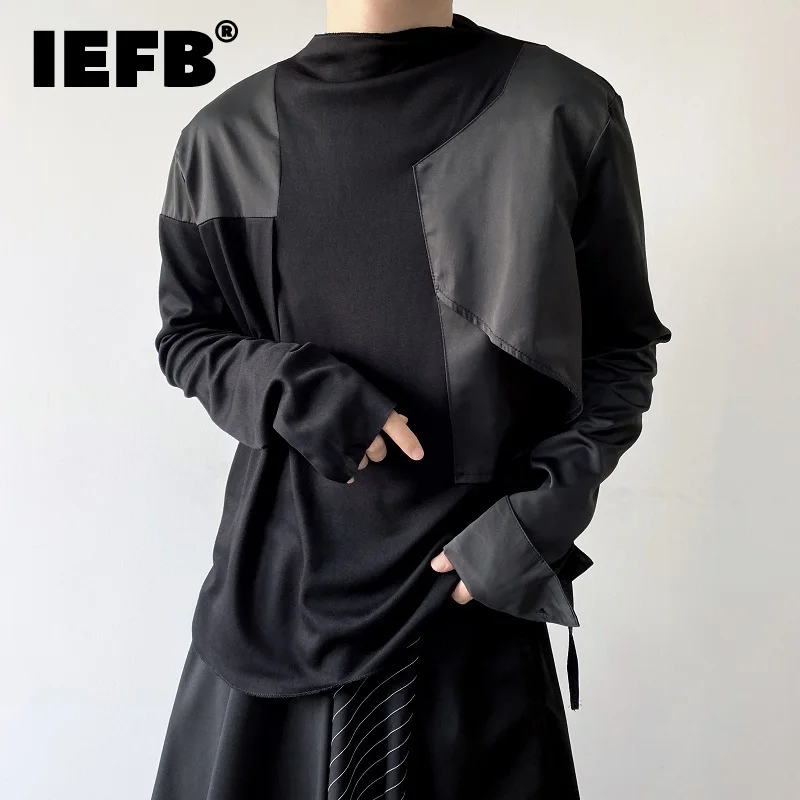 

IEFB Summer Men's Patch T-shirts Irregular Splice Stand Collar Long Sleeve Tee Versatile Darkwear Round Neck Male Tops 9A6642