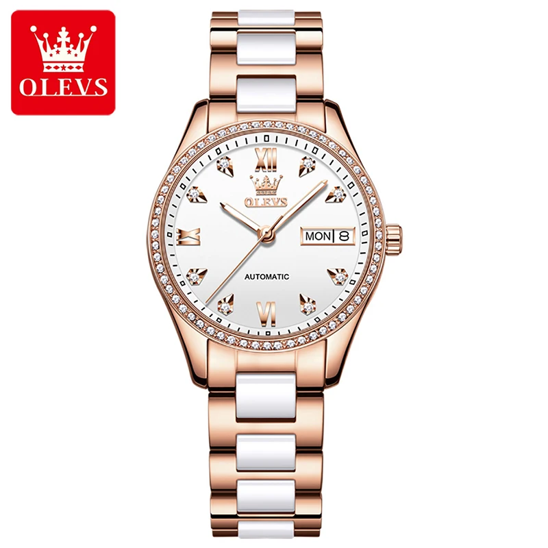 

OLEVS Trend Ladies Mechanical Watch Luminous Waterproof Ceramic Strap Luxury Diamond Week Calendar Display Watch For Women 6637