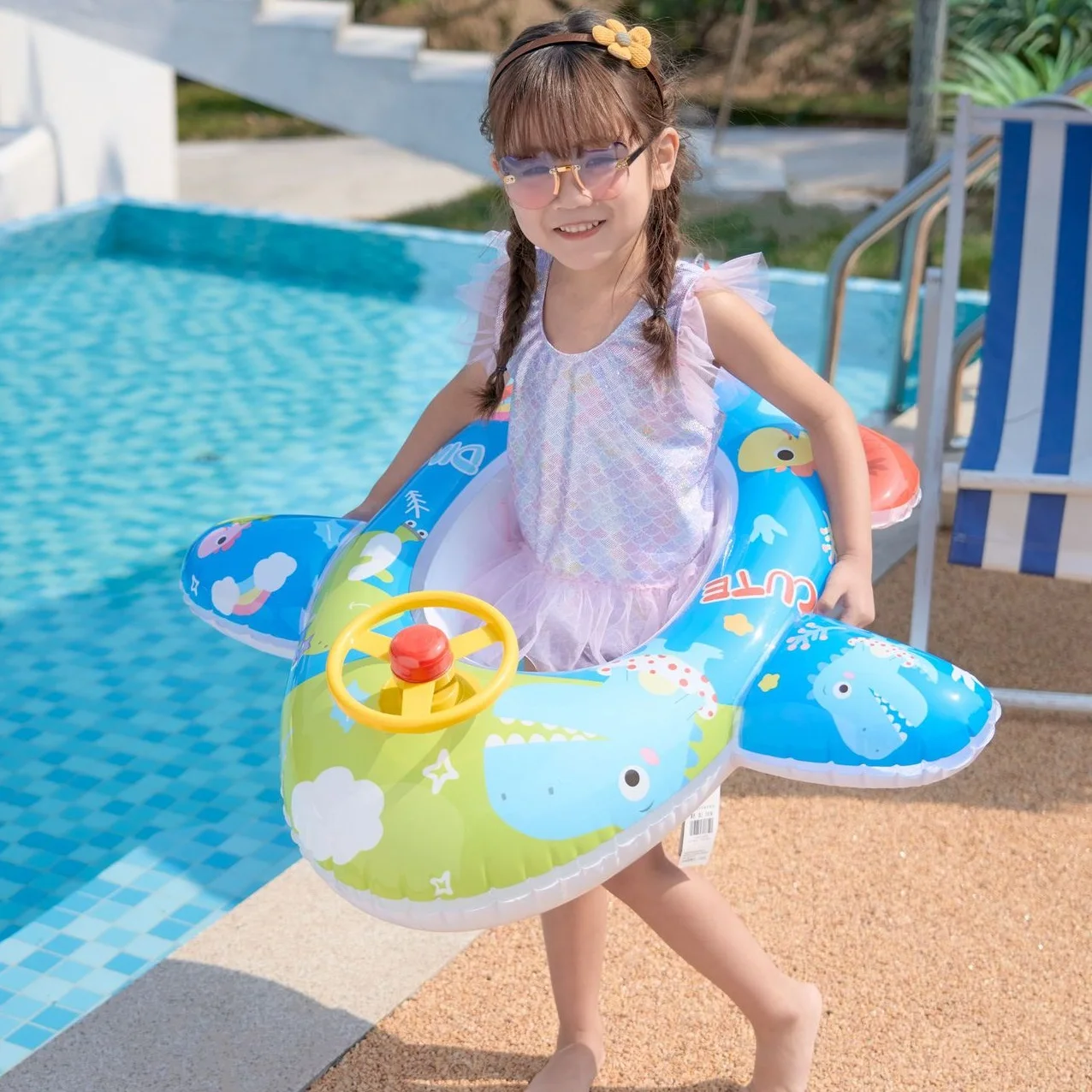

Cartoon Airplane Inflatable Pool Float Swimming Ring Baby Float Seat Rubber Ring with Steering Wheel Summer Beach Party Pool Toy
