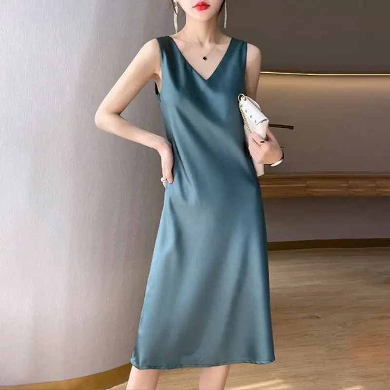 

Midi Satin Dress V Neck Elegant Women Formal Dress 2023 New Arrival Evening Dresses Various Color 2XL