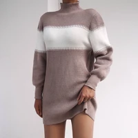 sweater womens long sleeved casual color matching half high neck knitted dress winter patchwork casual knitted dress 2021