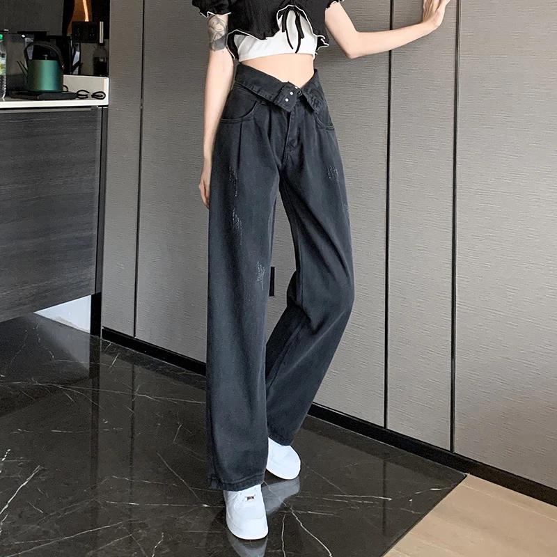 Single-Breasted Jeans Women Fashion Black High Waist Buttons Denim Pants 2022 New Wide Leg High Street Trousers Side Pocket S-XL