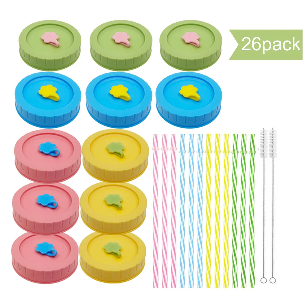 26pcs Safe Straw Silicone Stopper Leakproof Home Easy Clean Mason Jar Lid Set Drinking DIY Wide Mouth Cleaning Brush