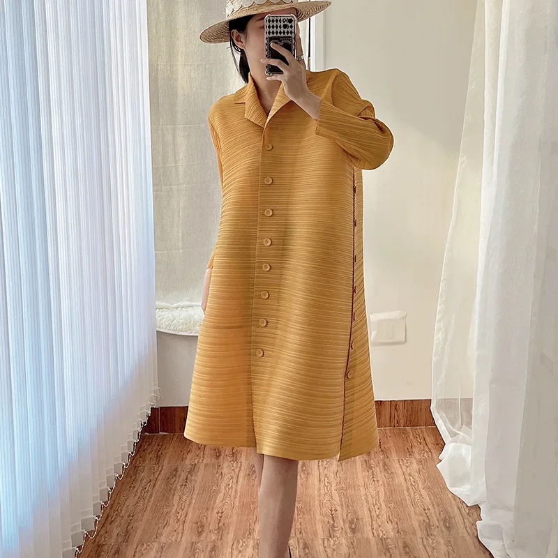 

Autumn new windbreaker coat fashion pleated single-breasted loose mid-length all-match dress