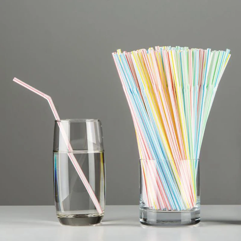 

100pcs Multi-colored Striped Bendable Straws Disposable Plastic Drinking Straws