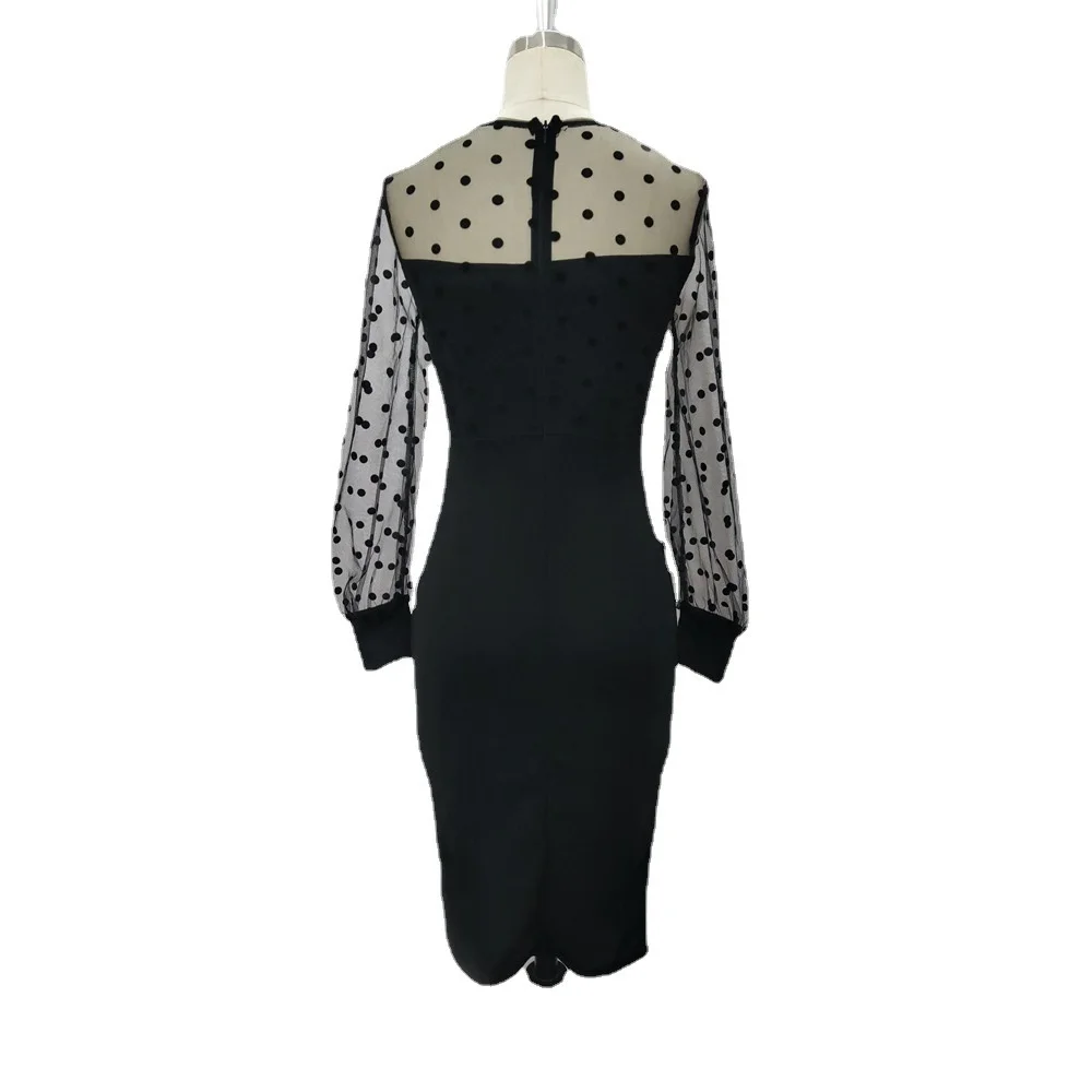 Plus Size Dress V-neck Round Neck Mesh Perspective Long Sleeve Slim Fit High Waist Large Women's Evening Dress Lianyiqun