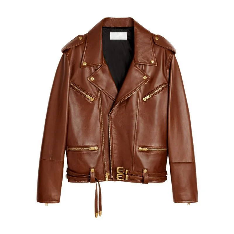 

Genuine leather jacket 2023 autumn and winter new sheep leather metal buckle zipper double belt long sleeved motorcycle jacket