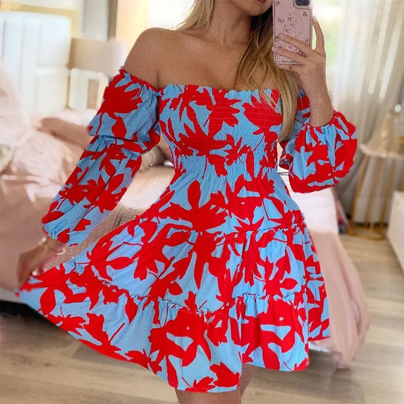 

Wepbel Bohe Dress Summer Off-Shoulder Printed Short Large Swing Dress for Women Slash Collar Slim High Waist A-line Mini Dress