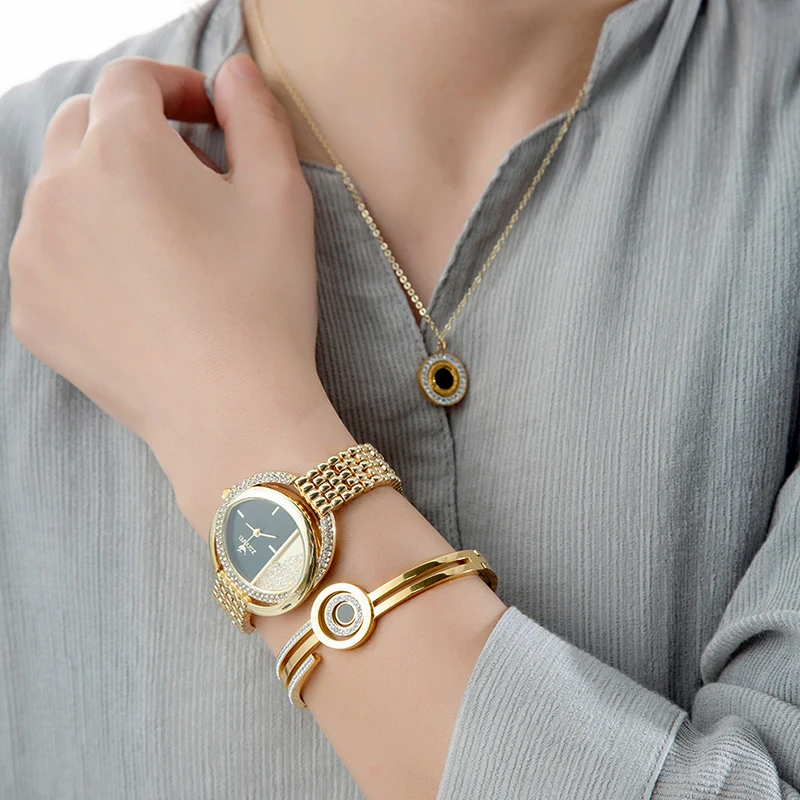 Lover's Gift Box Set Fashion Women's Quartz Watches Diamond Watch Dial+Bracelet+Necklace Stainless Steel Jewelry Gift Set 3Pcs
