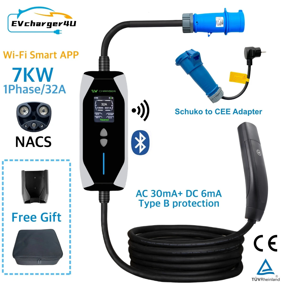 

EVcharger4U 7 кВт NACS Портативное зарядное устройство для электромобилей EVSE 1 фаза 32A 5 м Кабель Tesla Wi-Fi Bluetooth Управление приложением для модели X/Y/3/S