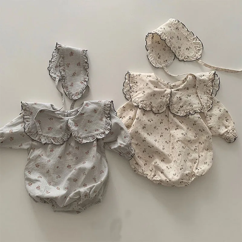 

2023 Korea Newborn Baby Girl Clothes 0-24Months Princess Girls Short Sleeve Peter Pan Collar Flower Romper +Headwear 2PCS Suit