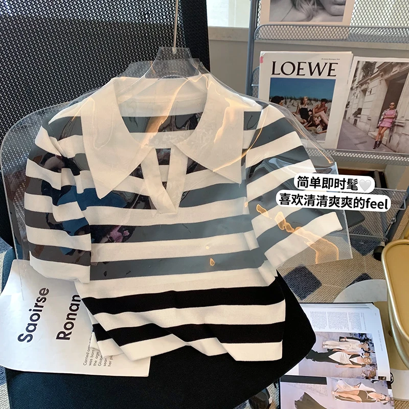 

2023 Women Knit Classic Fashion French Short Top Tshirts Blue Striped Turn-Down Collar Top Panelled Summer Short Sleeve