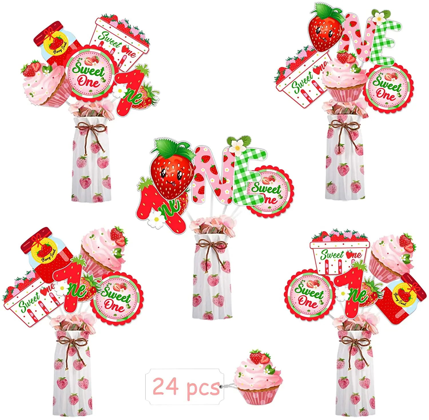 

JOYMEMO Strawberry 1st Birthday Centerpiece Sticks Pink Red Strawberry First Birthday Decorations for Girl Sweet One Table Decor
