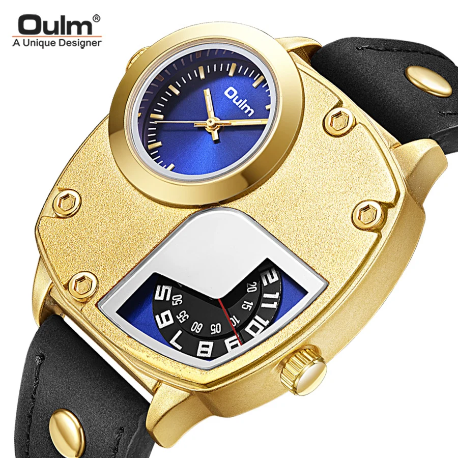 

Oulm 5195 Men Military Watches Unique Two Time Time Zone Leather Strap Wristwatch Luxury Male Quartz Watch Relogio Masculino2023