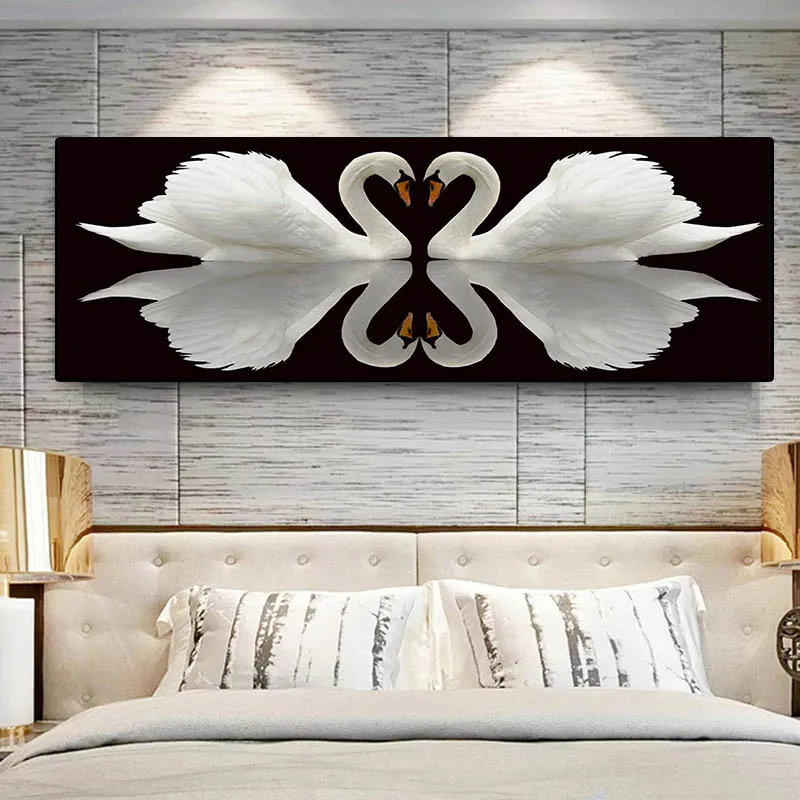 

White Swan Heart Love Canvas Painting Modern Animal Wall Art Posters and Prints for Living Room Bedroom Home Decor No Frame
