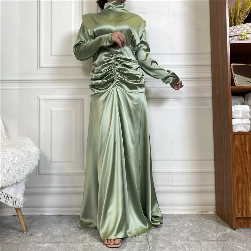 New Smooth Solid Satin High Neck Elastic Pleated Waist Fashion Dress Muslim Long Dress Evening Dresses Abayas for Women