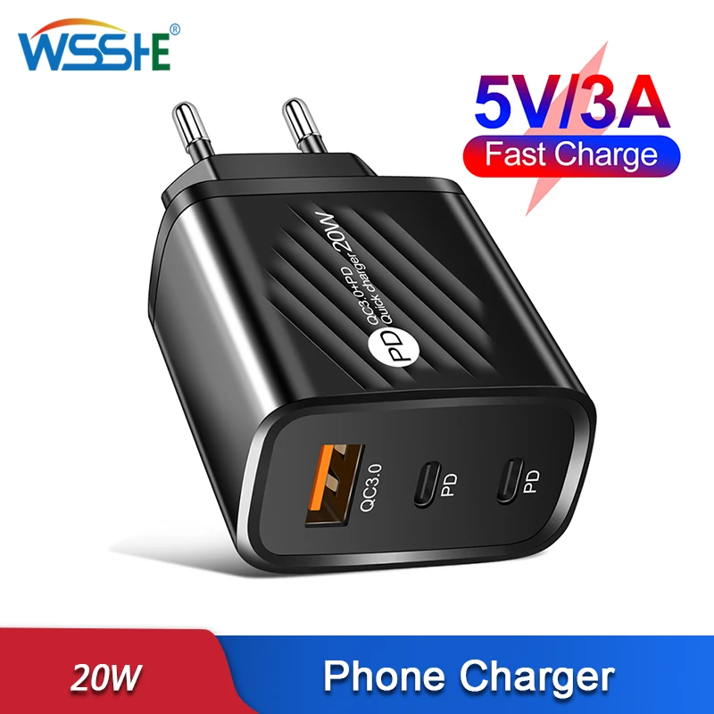 

20W PD Type C Charger 3 Port USB Phone Adapter 5V2A Wall Charging EU US UK Plug For iPhone 14 13 12 Pro Max 11 Mini 8 Plus