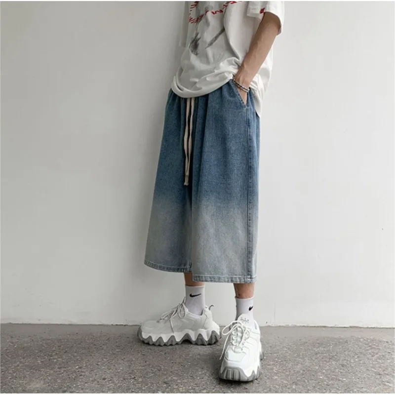 Summer Blue Black Gradient Jeans Men Fashion Oversized Wide Leg Jeans Mens Streetwear Hip Hop Loose Straight Denim Pants Men