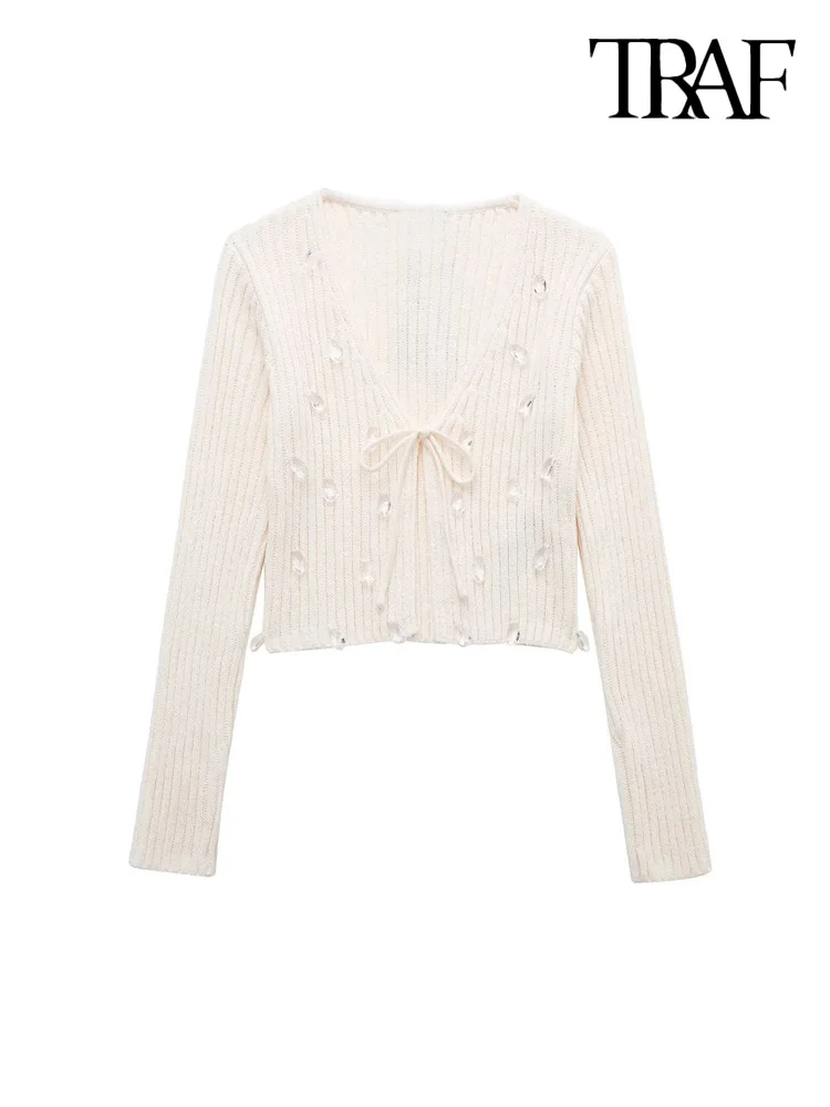 

TRAF Women Fashion Front Tied Crystal Bead Crop Knit Cardigan Sweater Vintage V Neck Long Sleeve Female Outerwear Chic Tops