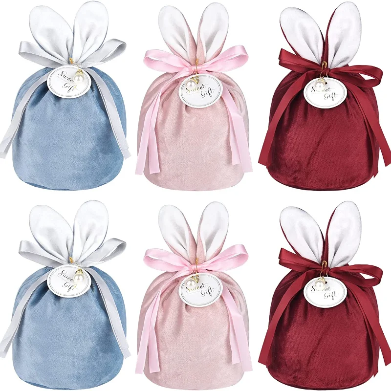 

10 Pcs Easter Bunny Gifts Bags Easter Rabbit Ear Drawstring Candy Bags Treat Bags Velvet Goodie Bags for Easter Party Favors