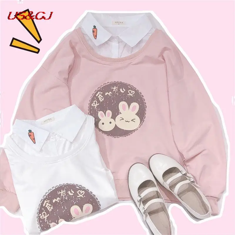 

2021 Autumn New Korea Harajuku Fake Two Pieces Cartoon Hoodies Women Fashion Printed Pink Sweet Cute Pullove Student Sweatshirt