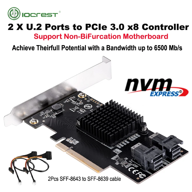 

IOCREST 2 U.2 SFF 8643 Ports to PCIe 3.0 x8 Bifurcation Riser Controller Support Non-BiFurcation Motherboard Asmedia 2824 Chip
