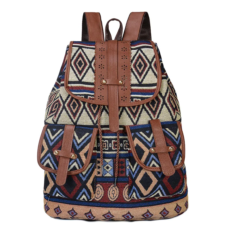 Women's Canvas Backpacks Ethnic Style Small Backpacks Retro Pattern Bags Fashion Personality Travel Drawstrings