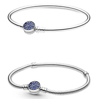 authentic 925 sterling silver sparkling blue disc clasp snake chain bracelet bangle fit bead charm diy pandora jewelry