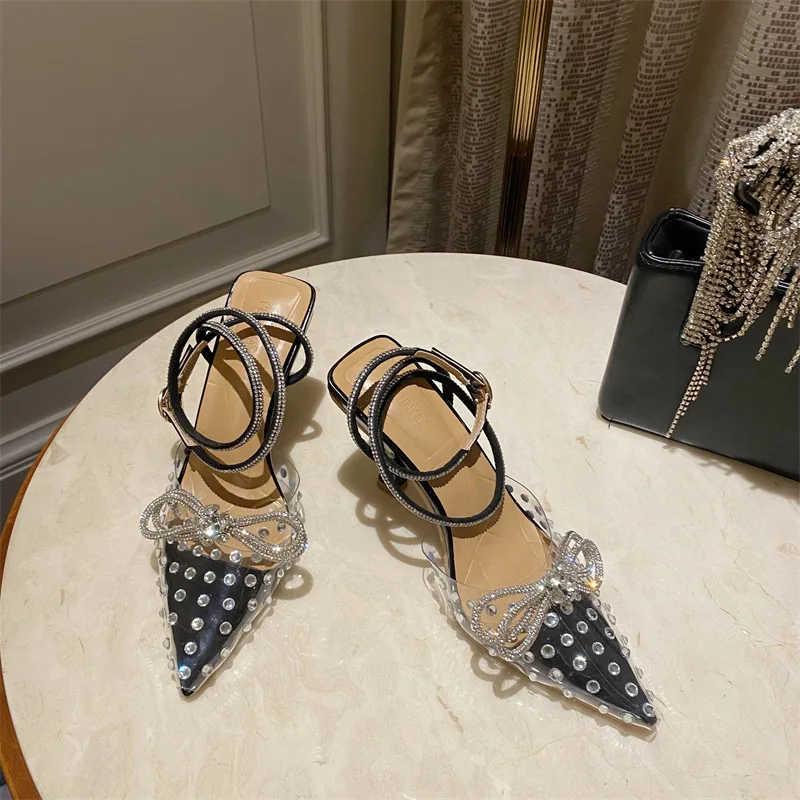

2022 high quality summer women's shoes pearl rhinestone bow sexy high heels plus size transparent pointed sandals