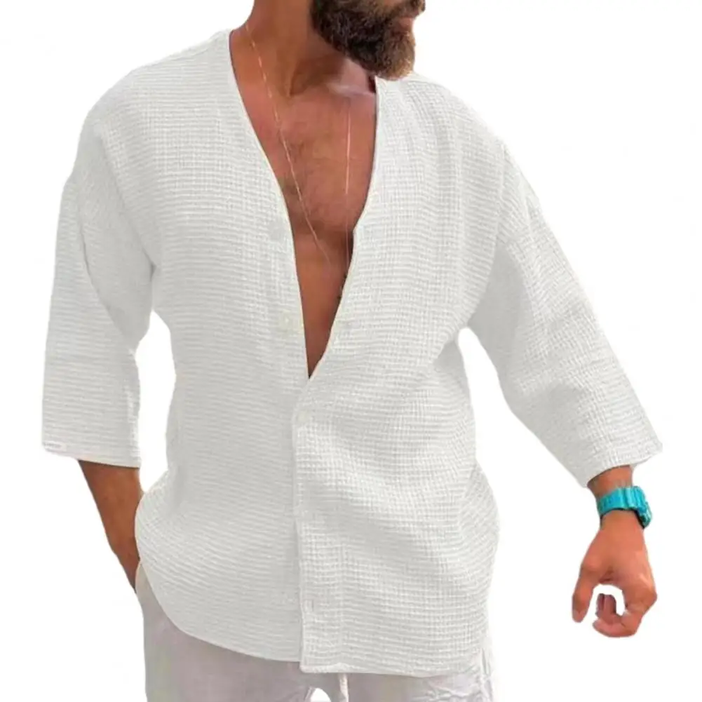 

Men Shirt Tops Stylish Men's Summer V-neck Shirt Loose Fit Single Breasted Waffle Texture for Streetwear Casual Outfits 3/4
