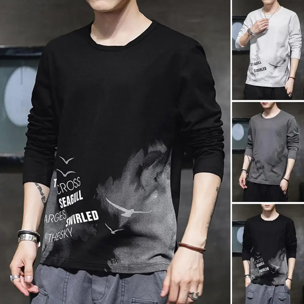 

O-Neck Long Sleeve Men T-shirt Outdoor Letter Flying Birds Print Loose Pullover Top Daily Clothing