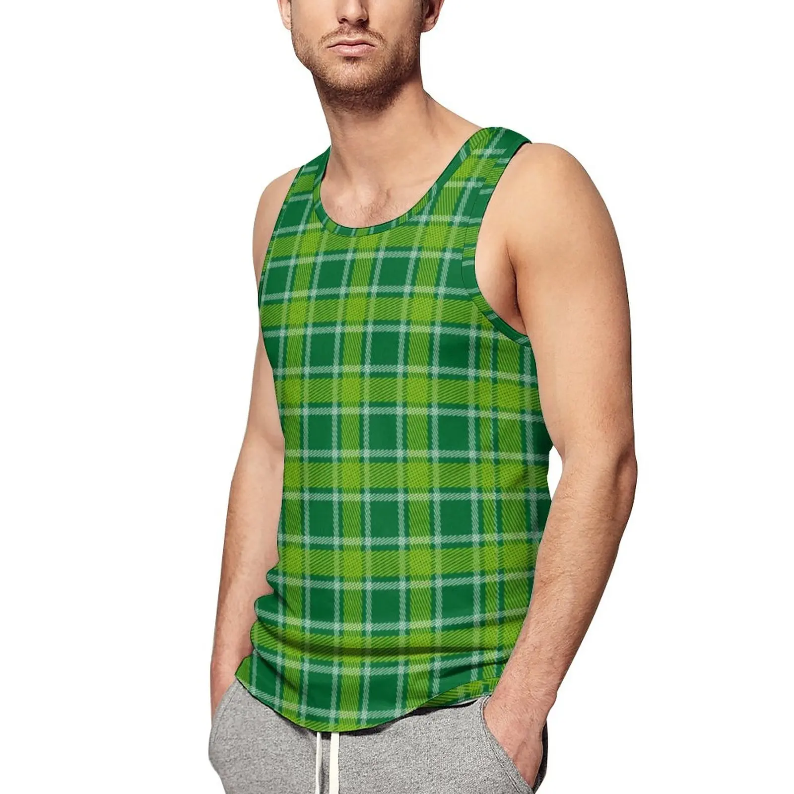 

Green And White Plaid Tank Top Man Geometric Pattern Workout Oversized Tops Summer Sportswear Design Sleeveless Shirts