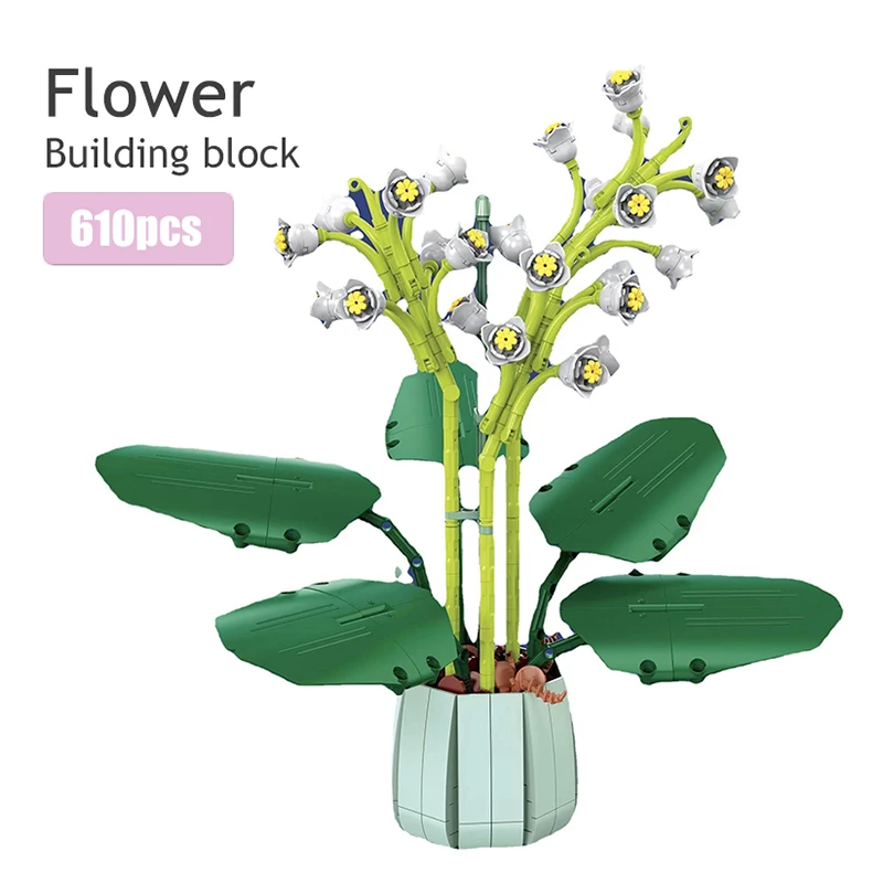 

Mini Lily of The Valley Potted Building Blocks Flower Diy Plant Bouquet Lotus Petal Bonsai Home Decor Girl Gifts Children's Toys