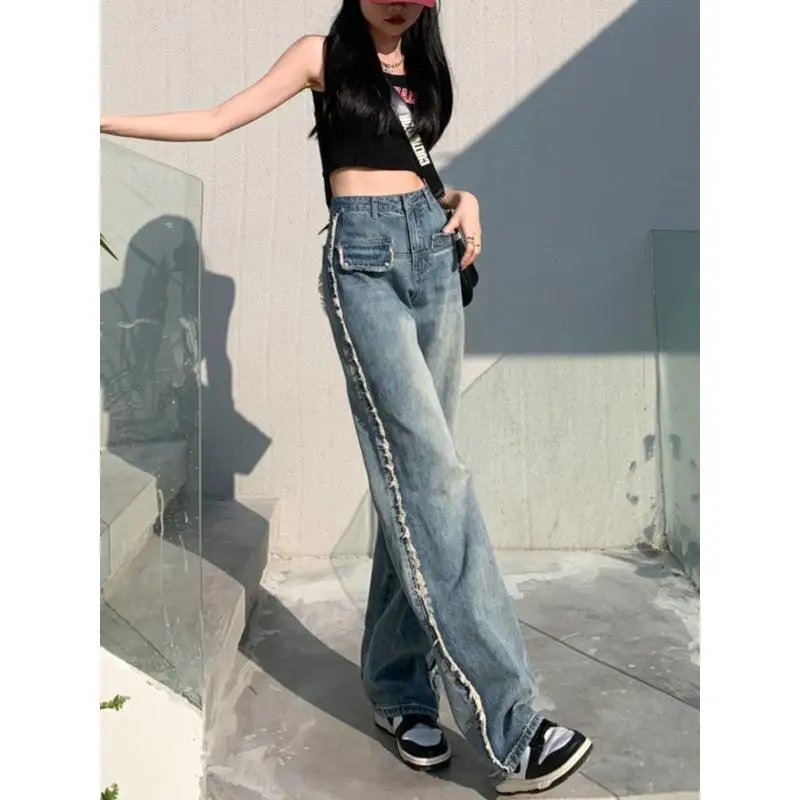 150 см маленькие Ретро американские потертые широкие джинсы с высокой талией и