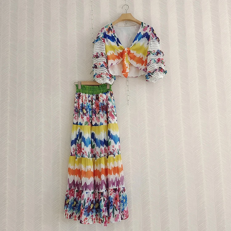 

Summer Rainbow Flower Printed Women Long Dress V-Neck Ruffles Casual Vacation Beach Twinset Lady A-line Dresses