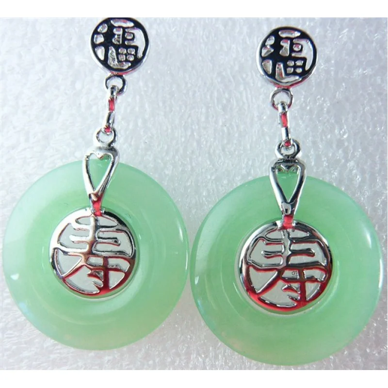 

3 choices Wholesale light green/green Natural jade chinese character fu &shou lucky earring#003