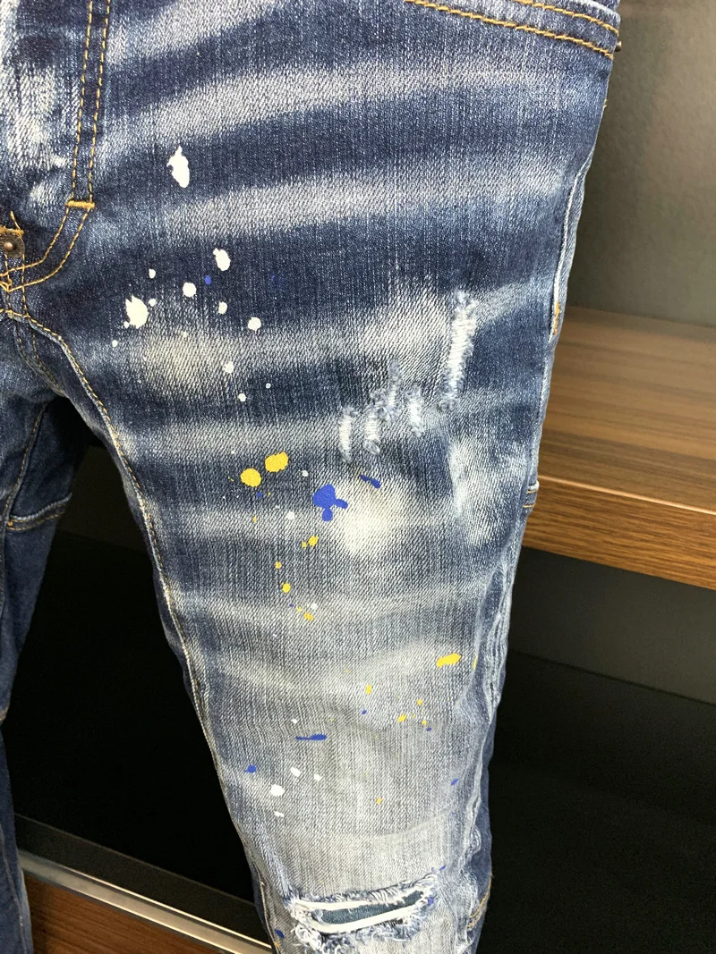 New Men's Dsquared2 Buttons Jeans Ripped For Male Skinny  Pants Men's Denim Trousers Top Quality Slim Jeans A390