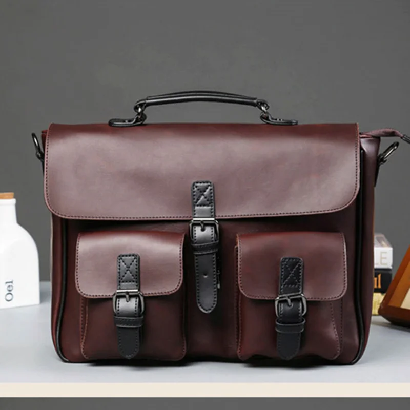 Scione Men Leather Bag Men's Laptop Briefcase Bag Vintage Male Office Messenger Bag Business PU Leather Briefcase Bags For Man